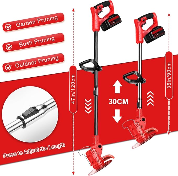 Electric Weed Wacker String Weed Eater Cordless Grass Trimmer 21V Battery Powered String Trimmer with 2x2.0ah Battery and Charger Brush Cutter/Edger/Mower with 3 Types Blade for Garden Lawn Turf(Red)