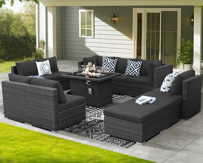 NICESOUL 11 Piece Outdoor Furniture Set with Firepit, Luxury Big 10-Person Patio Sectional, Chill 29.3'' High-Back Backyard Seating Area, All-Weather Rattan Couch Set for Outside, Deck, Dark Grey