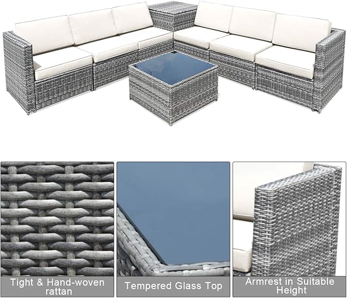 Tangkula 8 PCS Outdoor Patio Furniture Set, Rattan Wicker Sofa Set, Sectional Sofa Couch Conversation Set w/Storage Table and 12 Zippered Cushions for Garden Backyard Poolside (White)