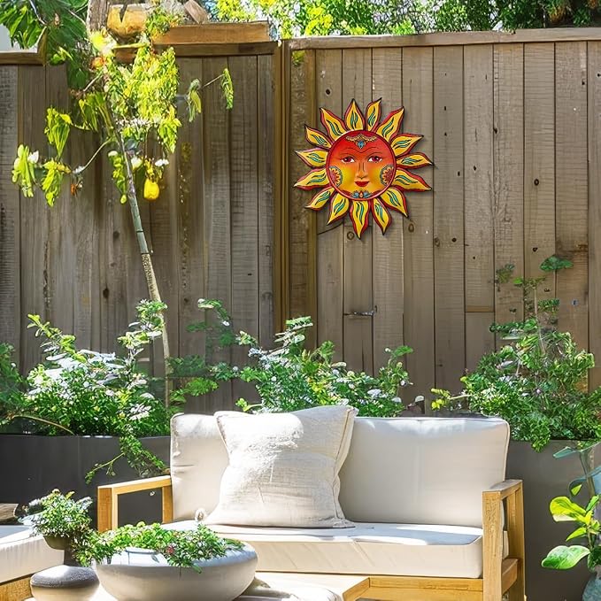 Metal Sun Flower Wall Decor - 12.87 inches Sun Wall Art Hanging Decorations for Outdoor, Home Garden Yard Patio Fence Bedroom Decor