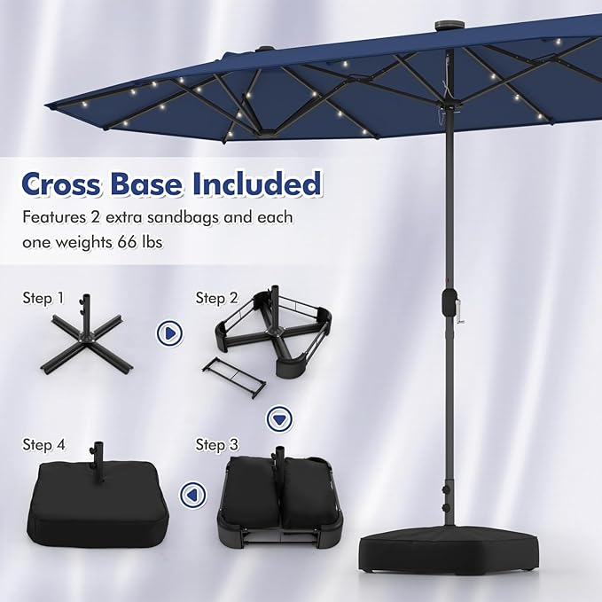 HAPPYGRILL Double-Sided Patio Umbrella with Solar Lights, 13FT Large Umbrella with Base Included, Crank Handle, Market Twin Table Umbrella for Outdoor Backyard Garden Poolside