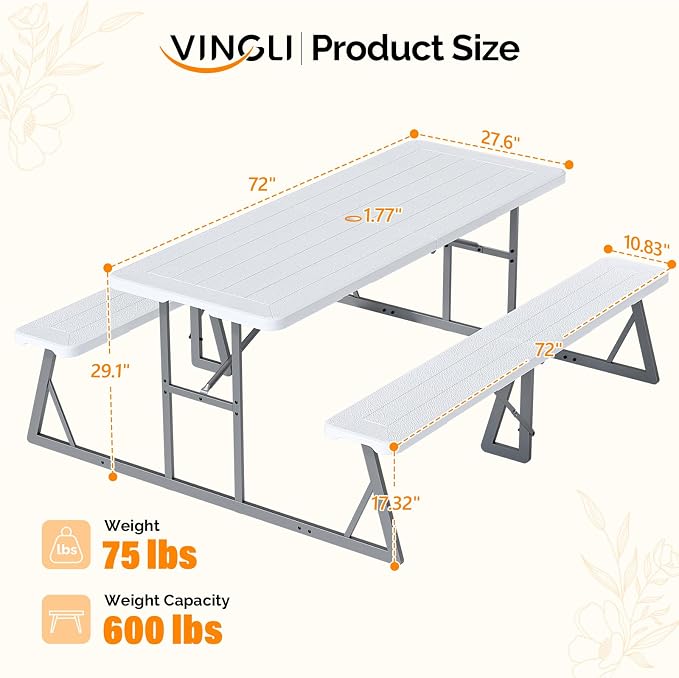 VINGLI Outdoor Picnic Table with Umbrella Hole, 6FT All Weather Metal Frame HDPE Tabletop Plastic Picnic Table for Dining Party Garden(White)