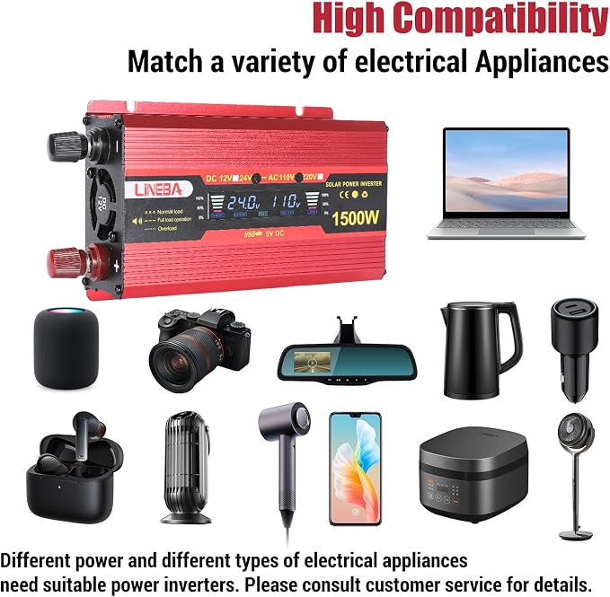 1500 Watt Power Inverter with LED Display,Dual AC Outlets,USB Port, 24V DC to 110V AC Converter Car Power Inverter for Vehicles, Car, RV, Truck, Off Grid Solar System, Outdoor Camping