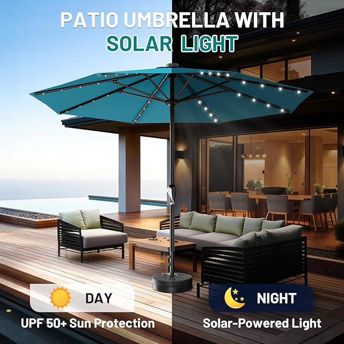 AreShark 12FT Large Patio Umbrella with Solar Lights, Solar Powered Outdoor Umbrella with Crank, Patio Table Market Umbrellas for Garden, Deck, Backyard, Pool and Beach, Lake Blue