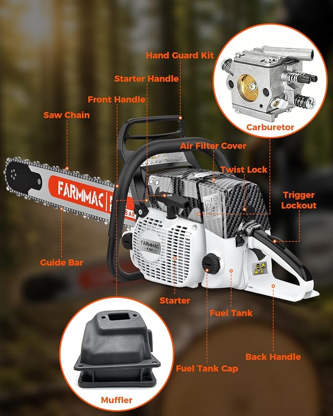F380W Gas Chainsaw with 24 Inch Alloy Solid Bar, 72cc 2-Cycle Gasoline Power Chain Saws, 3.6KW 4.8HP for Professional Logging Work, Power Chain Saw All Parts Compatible with MS381 MS380 038