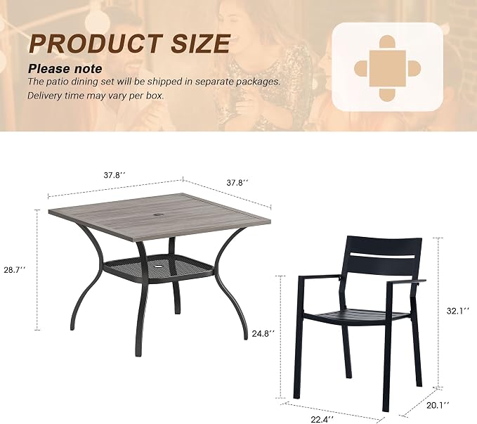 VICLLAX Patio 5 Pieces Outdoor Dining Set for 4, Wrought Iron Metal Outdoor Table and Chairs Set, 38" Square Table with Umbrella Hole and 4 Stackable Chairs for Lawn, Garden, Porch, Grey/Black
