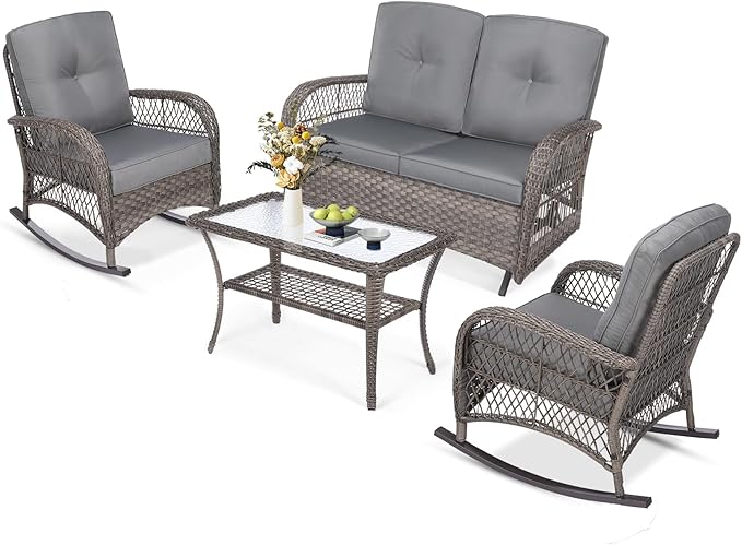 MEETWARM 4 Pcs Outdoor Patio Set with Glider Loveseat, Glass-Top Coffee Table, Thickened Cushions, Gray
