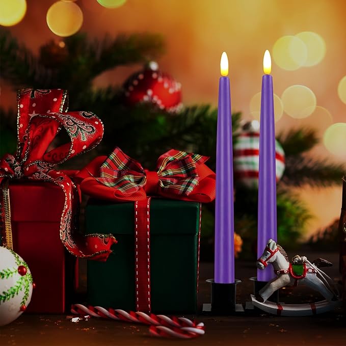 CVHOMEDECO. Flameless Taper Candles with 10-Key Remote, Battery Operated Led Flickering 3D Wick Window Candles Real Wax Finished Home Christmas Party Decor 0.78 x 11 Inch, Pack of 2, Purple