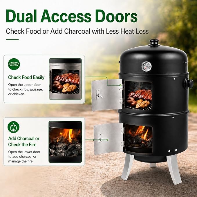 16.5 Inch Charcoal Smoker for Meat, Vertical Smoker Grill, Small Smoker for Backyard, Patio and Parties | 4-in-1 BBQ Smoker with Built-In Thermometer, Adjustable Air Vent, 2 Cooking Racks