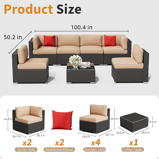 Oakcloud 7-Piece Outdoor Patio Furniture Sofa Set Black Rattan Wicker Sectional Conversation Sets with Glass Top Table and Cushions(Brown)