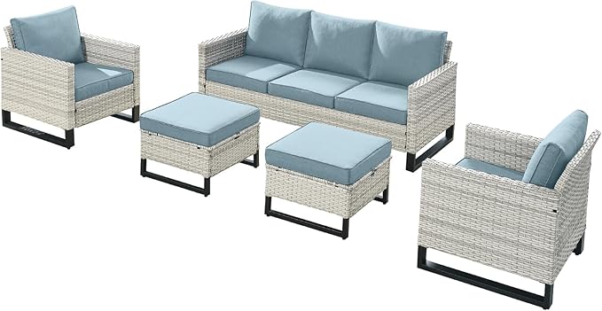 Rilyson Wicker Outdoor Patio Furniture Set - 5 Piece Patio Conversation Set with 2 Wicker Armrest Chairs,2 Rattan Ottoman and 1 Couch for Outside Porch Deck Backyard Garden(Light Grey/Sky Blue)