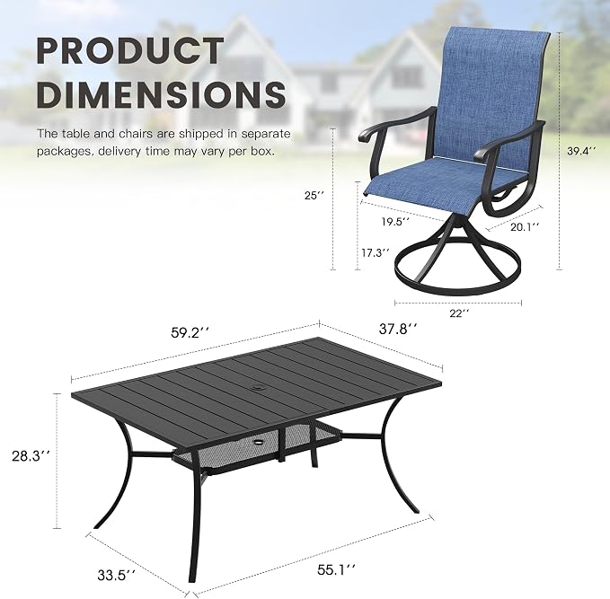 Outdoor Dining Set for 6, 59.2" Metal Outdoor Dining Table with Umbrella Hole and Sling Patio Swivel Chairs, 7 Pieces Patio Table and Chairs Set for Garden Backyard, Dark Blue and Black