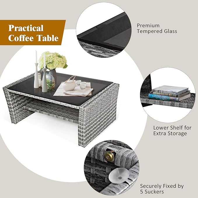 COSTWAY 4 Pieces Patio Rattan Furniture Set, Outdoor Wicker Sofa Set with Tempered Glass Coffee Table, Cushions, All Weather Rattan Conversation Set for Yard Balcony Backyard Pool (Grey)
