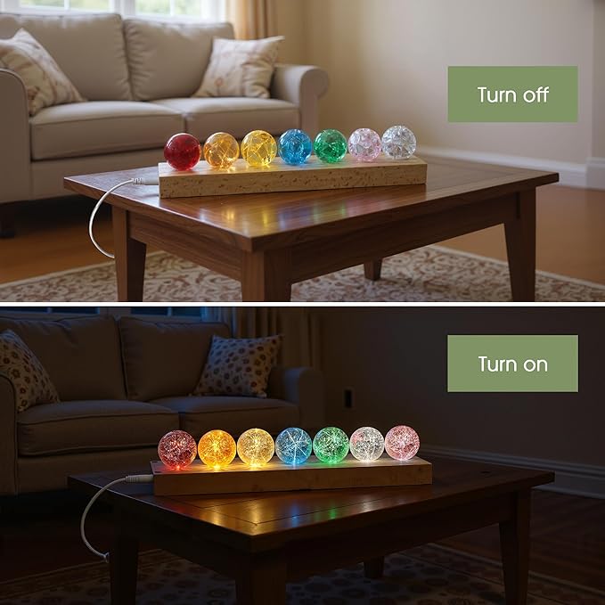 L LOHAS LED 7 Colors 40mm Ice Cracked Balls Crystal Chakra Balls with LED Wooden Base Glass Healing Sphere Balls with Stand Night Light Decoration Quartz for Home Living Room