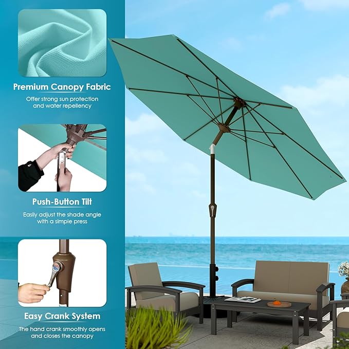GREENVINES 9-FT-Patio-Umbrella | Outdoor-Table-Umbrellas | 8 Sturdy Fiberglass Ribs | Push Button Tilt & Crank | Waterproof | Market Umbrella | for Pool Backyard Garden Deck | Peacock Blue