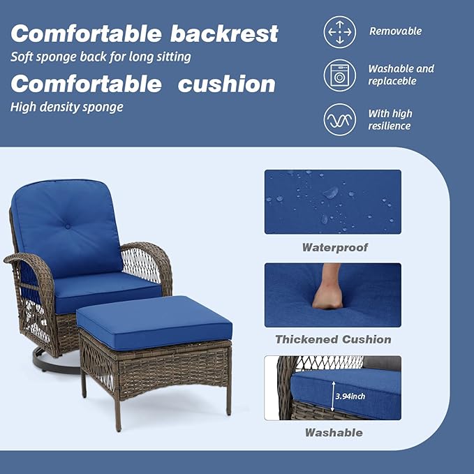 EROMMY 5 Pieces Outdoor Swivel Rocker Patio Chairs, 360 Degree Rocking Patio Conversation Set with Thickened Cushions, Glass Coffee Table and Ottomans for Backyard, Navy Blue