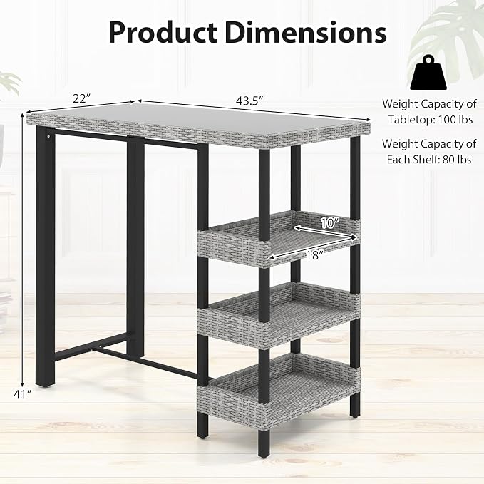 Tangkula 43.5” Outdoor Bar Table, Wicker Bar Height Dining Table w/Tempered Glass Top & 3 Rattan Shelves, Patio Metal Furniture w/Storage for Backyard, Poolside, Porch (Mix Gray)