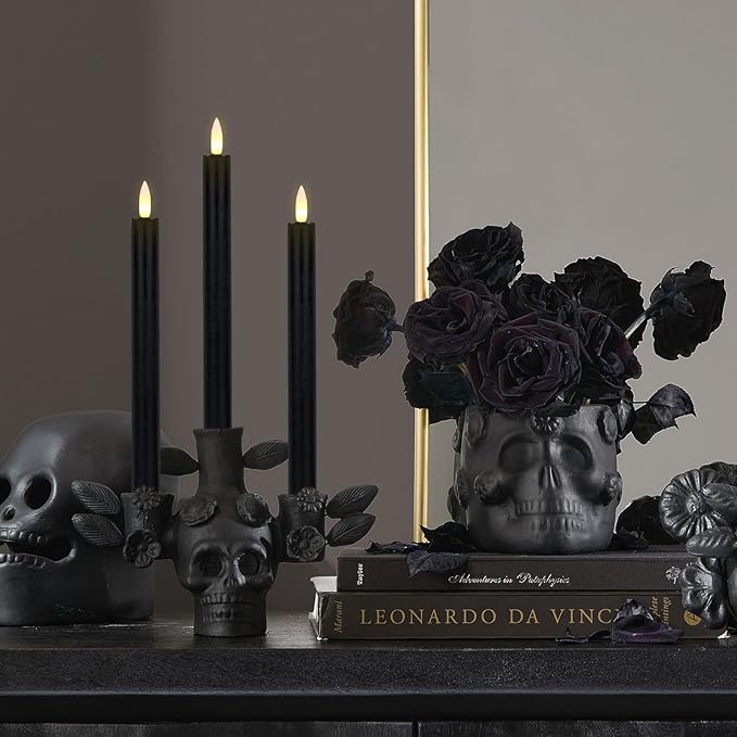 GenSwin Black Flameless Taper Candles with Remote, Halloween Flameless Candles Battery Operated, LED Halloween Candlesticks with 3D Wick for Home Decor(Set of 3, 0.78” x 9.6”)
