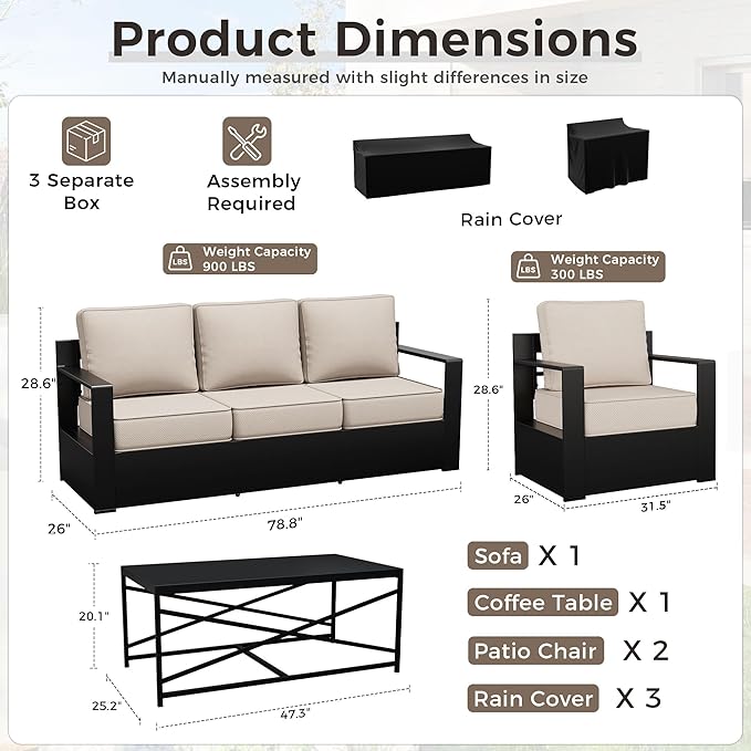 Outdoor Patio Furniture Set, 4-Piece Aluminum Patio Conversation Set All-Weather Metal Outdoor Sectional with 6 Inch Thick Cushions, Deep Setting for Garden, Outside and Porch, Beige