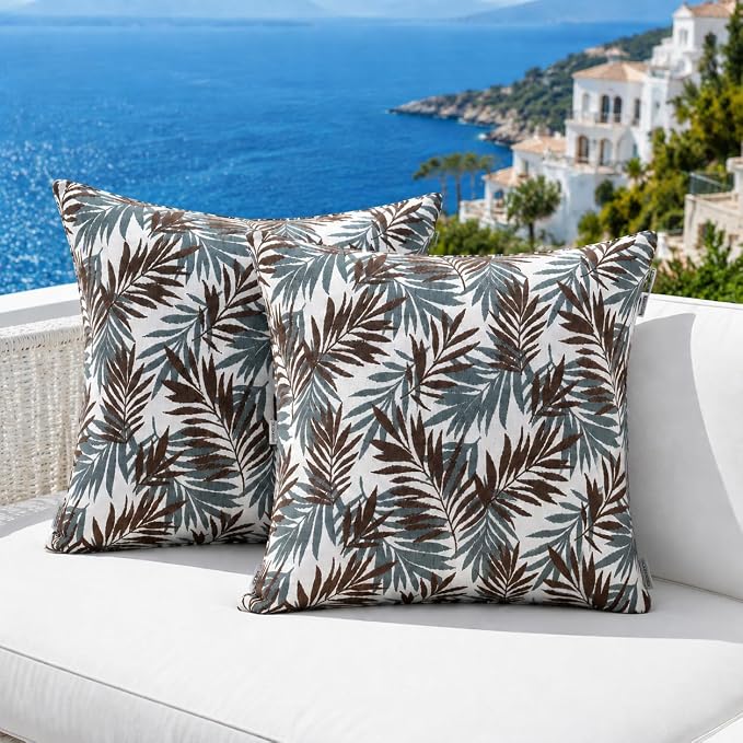 Outdoor Pillow Covers Waterproof Throw Pillow Covers, Set of 2 Jacquard Texture Water Resistant Fade Resistant Decorative Cushion Covers for Garden Patio Bench Couch Sofa, 18x18 Inch (Brown Palm)