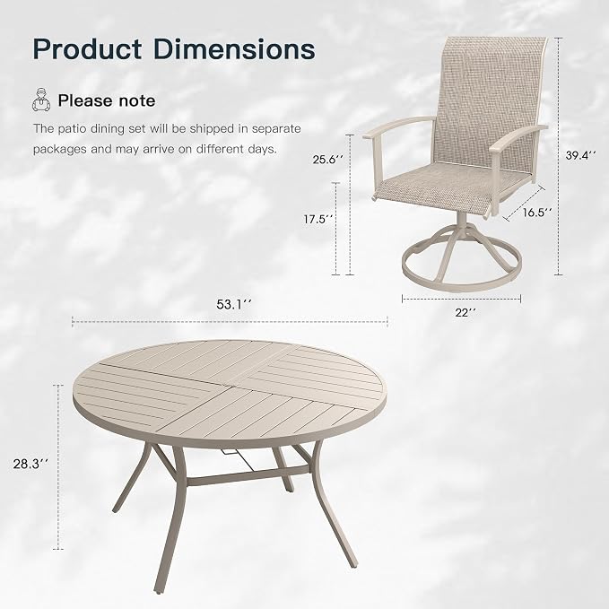 VICLLAX 7 Pieces Patio Outdoor Dining Set, 6 Swivel Textilene Chairs and 53" Round Metal Table with Umbrella Hole for Porch, Deck, Garden, Sandshell