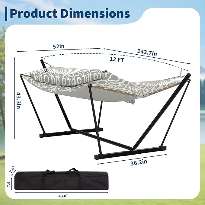 2 Person Double Hammock with Adjustable Steel Stand & Pillow, Heavy Duty Portable Outdoor Hammock Set, MAX 450 LBS Weight Capacity for Patio, Garden, Beach, Backyard
