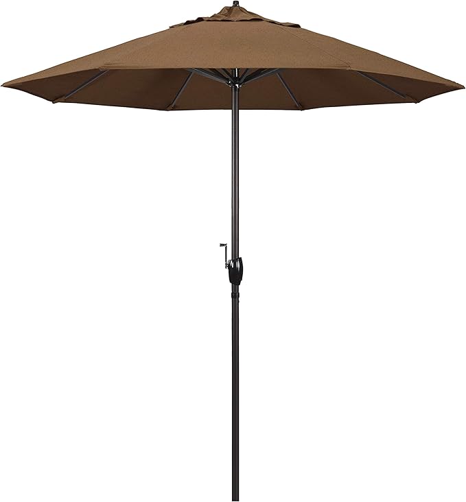 California Umbrella 7.5' Round Sunbrella Aluminum Outdoor Deck, Pool or Patio Umbrella, Crank Lift, Auto Tilt, Bronze Pole, Teak