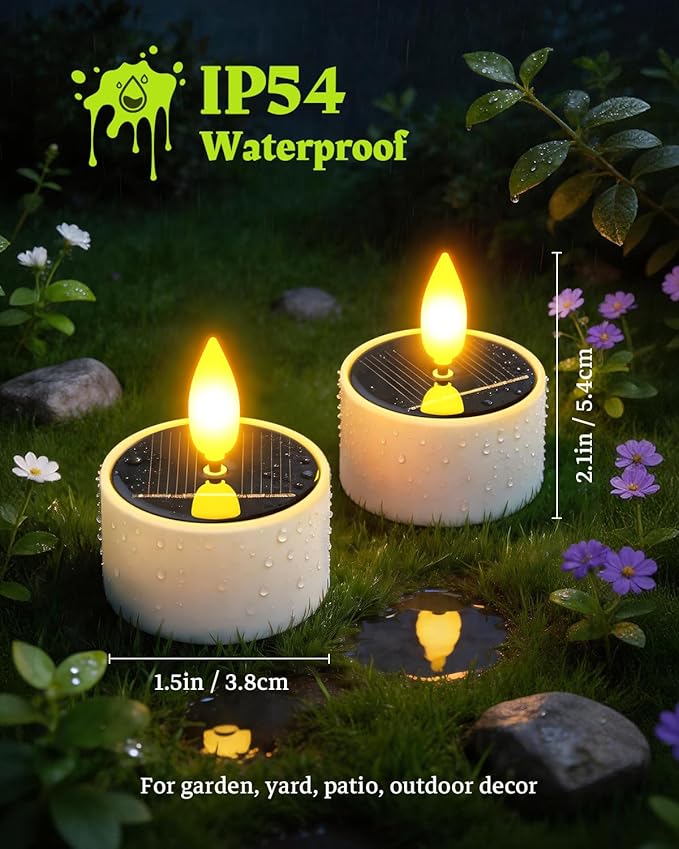 Yme Solar Tea Lights Outdoor Waterproof, 12 Pack Flickering Flameless Solar Candles with Dusk to Dawn Sensor, Rechargeable LED Votive Tealights for Lanterns Garden Patio Wedding Party Decor