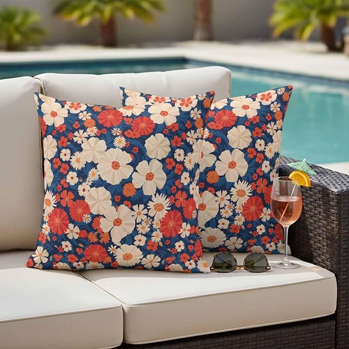 Independence Day Outdoor Waterproof Throw Pillow Covers Set of 2, 26"x26", Red White Daisy Retro 4th of July Decorative Pillow Covers Outside Cushion Case for Patio Porch Garden