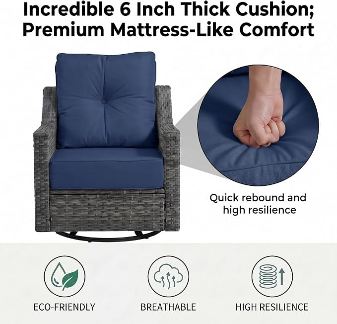 13 Piece Patio Furniture Set with 6" Thick Cushions, Weather-Resistant Wicker Swivel Rocker High Back Chairs and Fire Pit Table for Porch Yard Deck