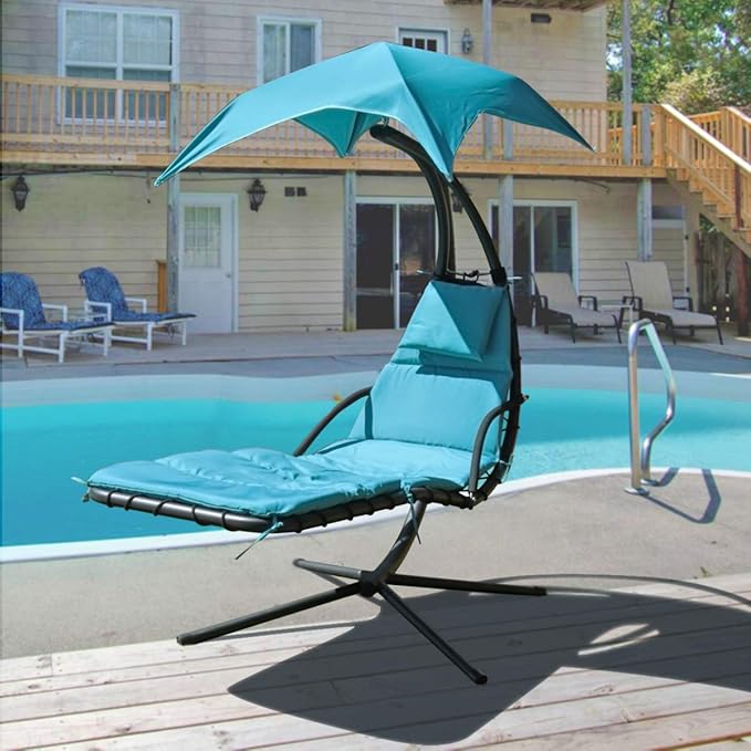 Patio Hanging Chaise Outdoor Lounger Padded Cushion Swing Hammock Chair w/Sun Shade Canopy Umbrella Stand [Blue]