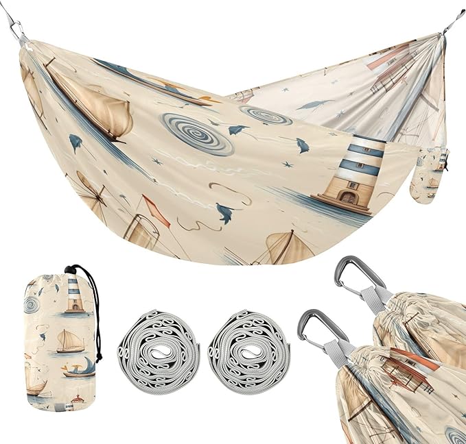 FRMG Lighthouse Sailing Ship Hammock 500 lbs Capacity Portable Hammocks with Tree Straps & Attached Carry Bag, Camping Essentials Gear, 2010226a