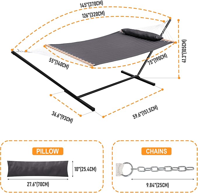 Lazy Daze Quilted Fabric Hammock with 12-Foot Stand, Double 2-Person Hammock with Pillow for Outdoor Outside Patio, Garden, Backyard, 450LB Capacity, Gray