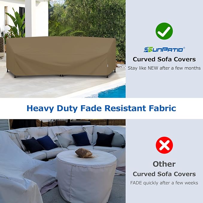 SunPatio Outdoor Curved Sectional Couch Cover, Heavy Duty Waterproof Patio Sofa Cover, All Weather Protection Patio Furniture Cover, Air Vent & Straps, 150"(back)/112"(front)L x 36"W x 38"/24"H, Taupe