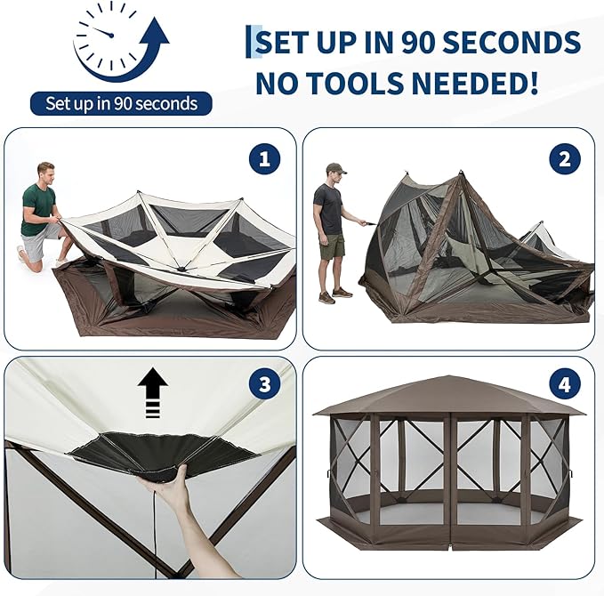 GarveeHome 13x13FT Pop Up Gazebo Screen Tent, 6-Sided Canopy with Starry Sky Top, 210D Oxford Water-Proof Instant Shelter with Mosquito Netting for Backyard Camping, Khaki & Beige