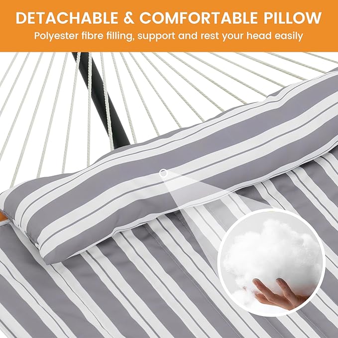 Lazy Daze Hammocks 2 Person Hammock Pad and Pillow Set, Double Polyester Quilted 78" x55" Replacement Pad for Rope Hammock, Light Grey Stripes