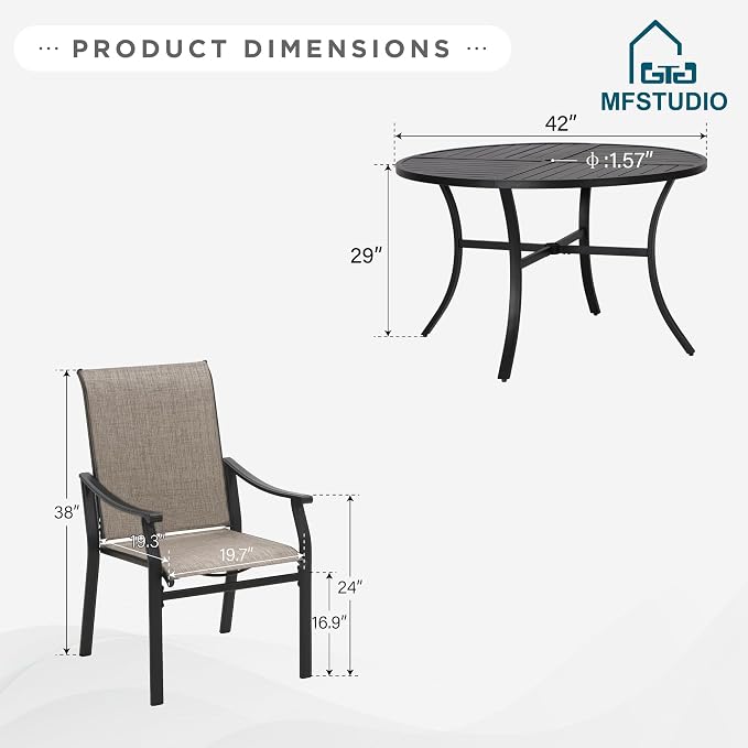 MFSTUDIO 5 Piece Outdoor Dining Set w/Round Metal Table & Sling Chairs | Weather-resistant, 4 person, Breathable & quick-drying Textilene, Umbrella hole, Outdoor deck backyard