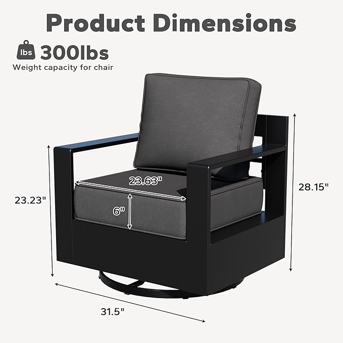 Aluminum Patio Swivel Chair - Outdoor Swivel Rocking Chair with 6" Thick Removable Cushions, All-Weather Metal Frame, Deep Setting for Garden, Poolside and Porch