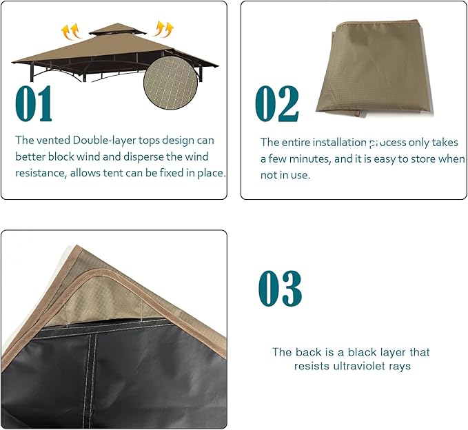 Grill Gazebo Replacement Canopy Top - Wonwon 5x8 Gazebo Roof Double Tiered Outdoor BBQ Roof Cover Grill Shelter Only Fit for Model L-GG001PST-F (Khaki Ripstop)