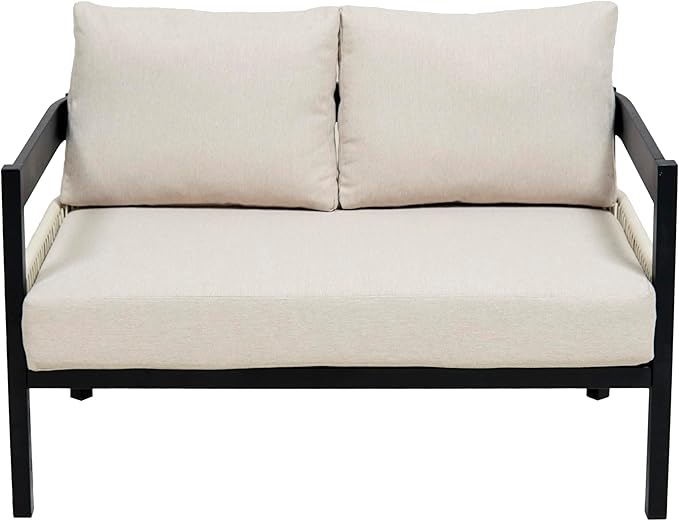 4 Piece Outdoor Iron Sofa Set with A Table, PE Rattan Patio Furniture Sets with Double and 2 Single Seats, Multi-Person Conversation Set for Garden, Lawn Use (Beige/92)