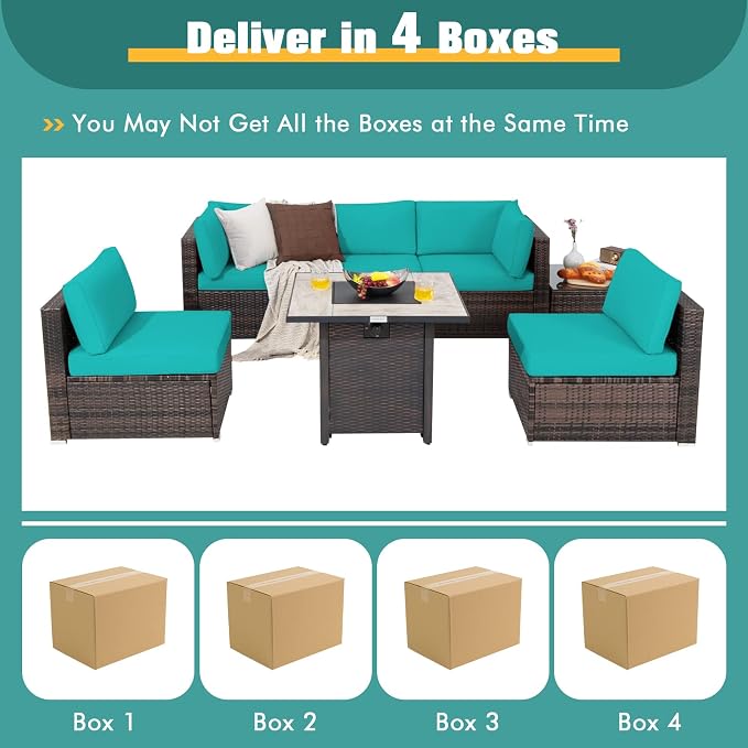 Tangkula 7 Piece Patio Furniture Set with Fire Pit Table, Patiojoy Outdoor PE Wicker Conversation Sectional Sofa Set with 30 Inches 50,000 BTU Propane Fire Pit Table, Waterproof PVC Cover (Turquoise)