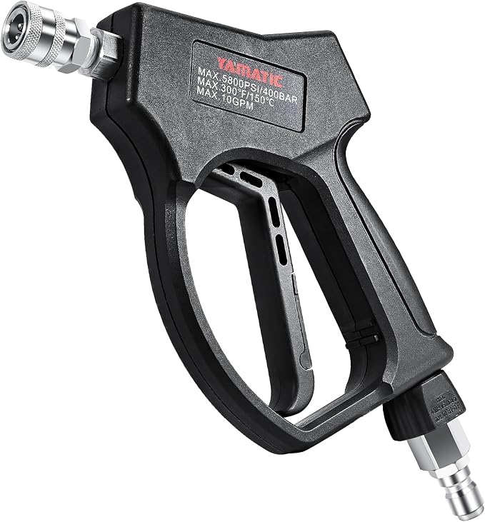 YAMATIC Stainless Steel Short Pressure Washer Gun 5800 PSI with Swivel 3/8" Plug, Easy Pull Trigger High Power Washer Handle with 1/4" Quick Connect for Foam Cannon Gun Car Wash