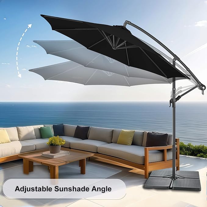 FLAME&SHADE 10ft Cantilever Patio Umbrella Outdoor, Large Offset Umbrella with Crank and Cross Base, UPF 50+ UV Protection Hanging Umbrella for Pool Deck Garden, Black