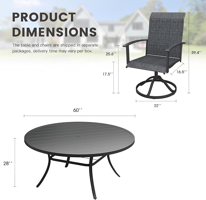 9 Pieces Round Patio Dining Set, Outdoor Furniture of 60" Round Patio Table and Patio Swivel Chairs for Backyard Lawn Garden, Black Table and Black Chairs