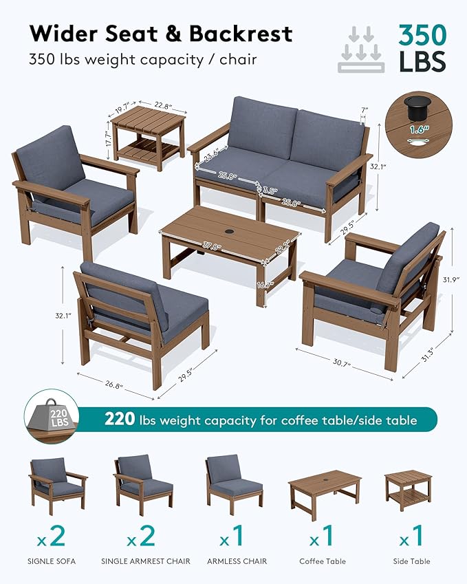 SERWALL HDPE Patio Furniture Set, 7-piece Outdoor Sectional Sofa Set, All Weather Outdoor Couch Set for Deck, Lawn, Brown Frame with Grey Cushion