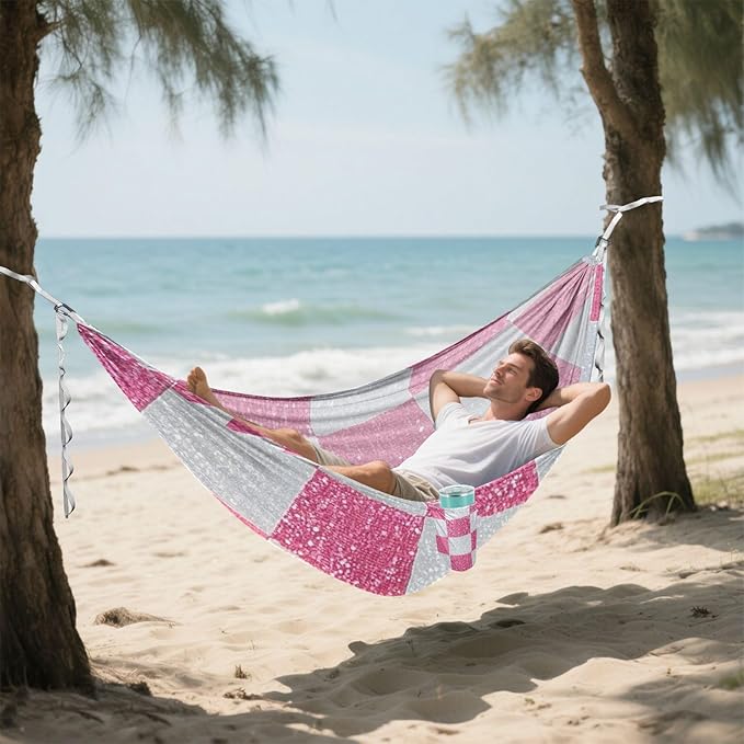 Fake Glitter Checkerboard Squares White Pink 330lb Capacity Outdoor Hammocks with Tree Straps Fabric Hammock for Camping Travel Accessories hamacas para adultos 2 Personas