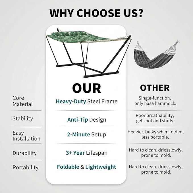 2 Person Portable Double Hammock with Stand, Outdoor Quilted Polyester Padded Hammock with Pillow, Adjustable Steel Hammock Stand for Patio, Garden, Beach, Backyard, Camping