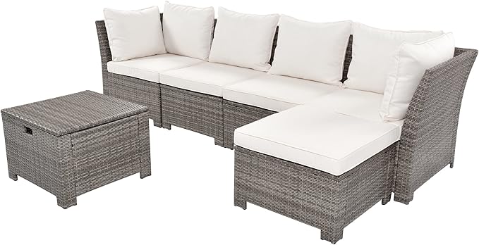 LUMISOL Outdoor Patio Furniture Set, 6 Pieces Sectional Rattan Sofa Set, PE Rattan Wicker Patio Conversation Set with Table and 0ttoman for Lawn, Garden, Backyard (Beige)