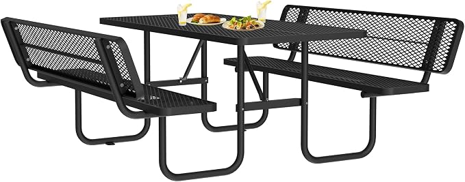 72" Heavy-Duty Iron Mesh Picnic Table Set with Backrest Black | 1.73'' Umbrella Hole, Commercial-Grade Outdoor Table for Patio, Garden or Park–Rust-Resistant, Heat-Proof, All-Season Use