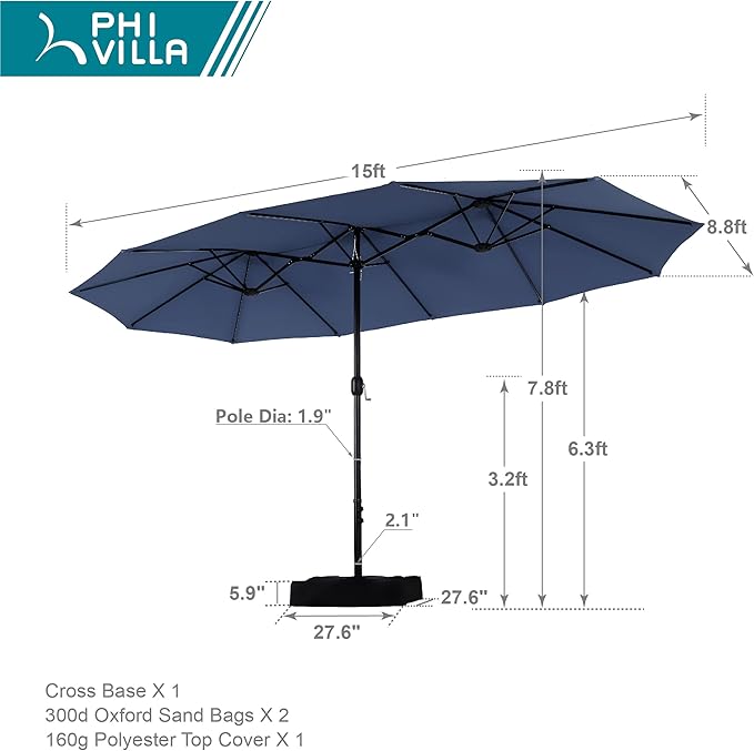 PHI VILLA 15FT Patio Umbrella with Base, Large Double-Sided Outdoor Market Umbrella with Crank Lift, UV-Resistant Canopy for Poolside, Garden, Deck, Backyard, Navy